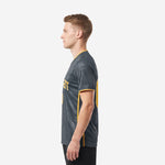 Right side view of charcoal and gold custom men's soccer jersey showing V-neck collar and short sleeve construction