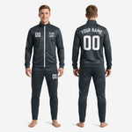 Custom charcoal grey soccer tracksuit 2-piece set for men showing full-dye sublimated jacket and matching pants