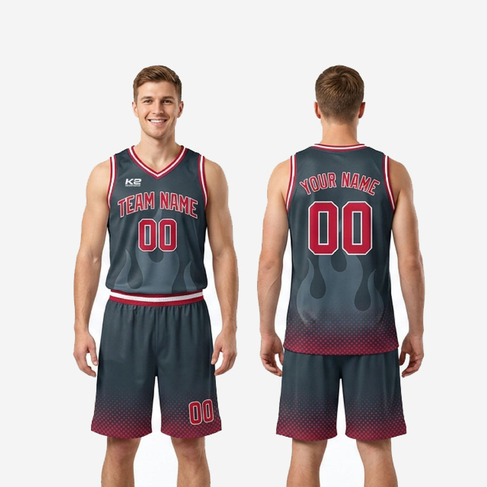 Flame Pattern Travel Basketball Uniforms in Custom Charcoal Red