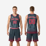 Size and spec sheet for charcoal and red travel basketball uniform set covering youth and adult sizing options