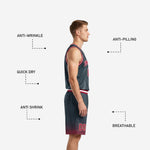 Back view of charcoal red custom basketball uniform showing back number placement and full sublimation print on jersey and shorts