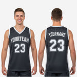 Size and spec chart for custom black and white sublimation basketball jersey covering youth and adult sizing