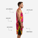 Back view of hot pink and yellow custom basketball uniform set with player name and number