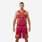 Cheap basketball uniforms in hot pink and yellow sublimated design, front view with team name and number 13