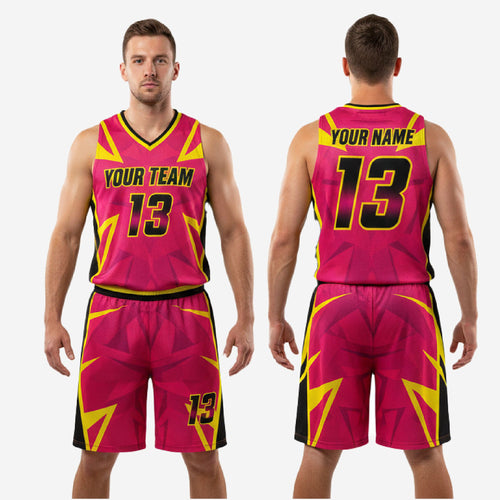 Full cheap basketball uniform set in hot pink yellow and black, jersey and shorts complete kit