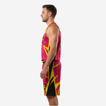Sublimated cheap basketball uniforms hot pink and yellow, right side view with star burst pattern