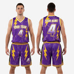 Full cheap custom basketball uniform set in purple and gold, jersey and shorts sublimated kit