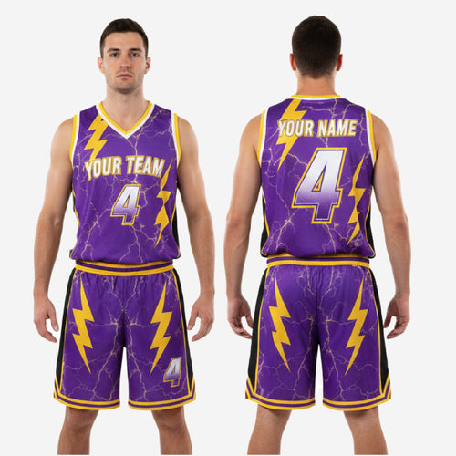Full cheap custom basketball uniform set in purple and gold, jersey and shorts sublimated kit