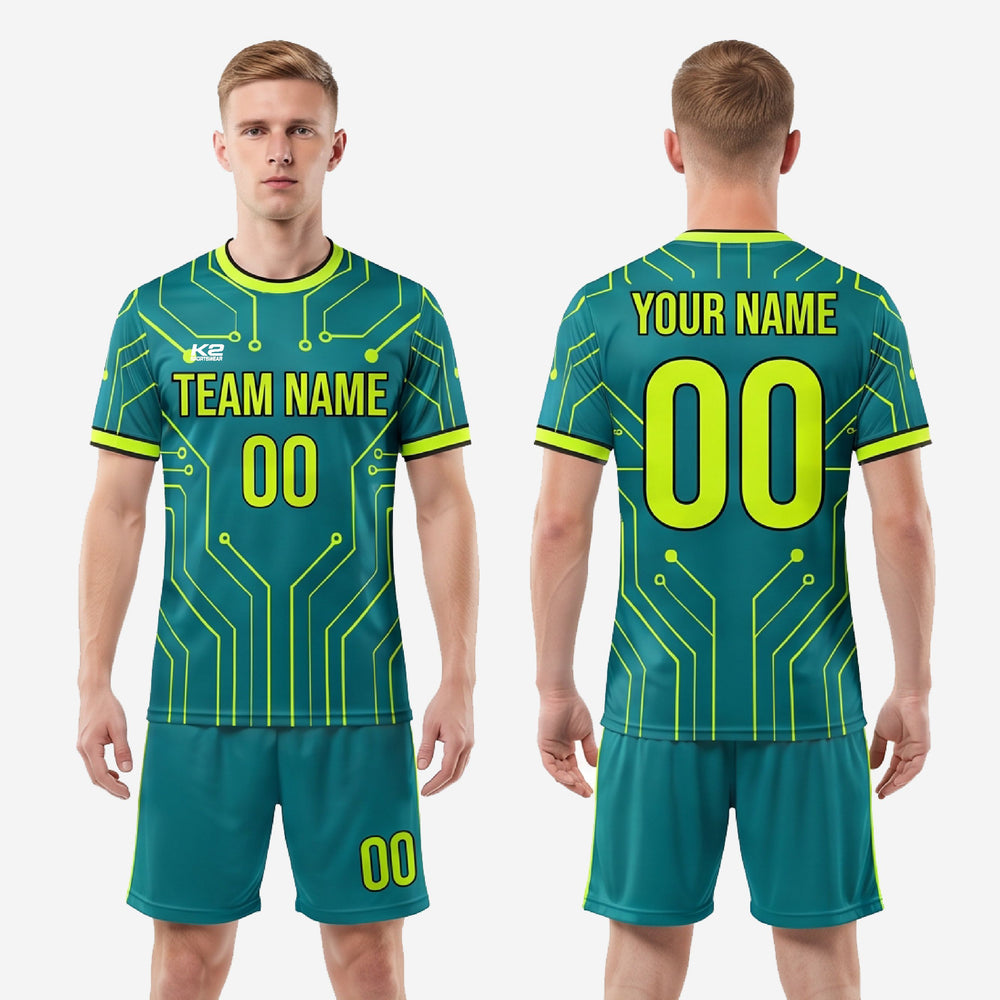 Teal & Neon Yellow Soccer Kit | Circuit Board Custom Uniform