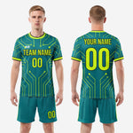 Custom circuit board soccer jersey and shorts set in teal and neon yellow