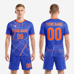 Full custom men's soccer uniform in Royal Blue city grid pattern, back view showing name and number print zones