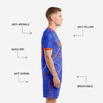 Matching Royal Blue soccer uniform shorts with city grid side panel print and Orange contrast stripe detail
