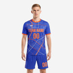 Men's soccer uniforms in Royal Blue with city grid print and Orange trim, front view of full 2-piece custom kit