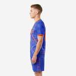 Royal Blue and Orange city grid men's soccer uniforms, right side view showing back panel sublimated print detail