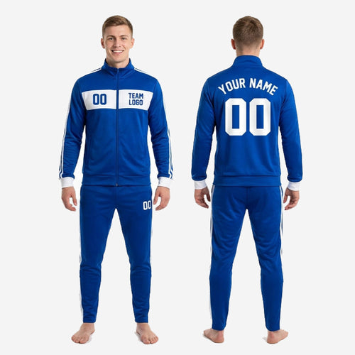 Chest panel detail of custom blue soccer tracksuit showing player number and team logo placement on white horizontal band