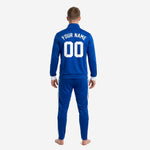 Close detail of custom Royal Blue soccer tracksuit jacket showing stand collar, full zip, and white ribbed cuffs