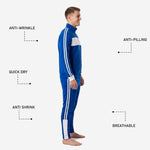 Pant leg detail of custom blue soccer tracksuit showing twin white outer seam stripes and white ankle panel