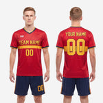 Custom red soccer uniform back view showing player name arc and back number sublimated in Athletic Gold on red jersey