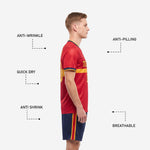 Navy Blue custom soccer shorts with red and gold side stripe matching the red soccer uniform kit