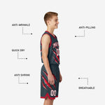 Back view of charcoal grey youth basketball jersey with red claw-slash print showing back number and name zones