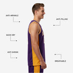 Back view of custom purple and gold club basketball jersey with back player name and number in white with gold outline