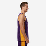 Front view of custom purple and gold club basketball jersey with crew neckline binding and white block lettering on adult male model