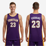Size and spec chart for custom purple and gold club basketball jerseys covering youth and adult sizing for full roster orders