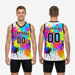 Custom basketball jersey back view with player name arced above back number on multicolor neon paint-splash white sublimated jersey