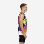 Custom colorful basketball jersey front view with neon pink blue yellow and orange splash pattern on white base and bold team name across chest