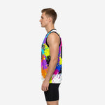 Custom sublimated colorful basketball jersey left side view showing sleeveless cut black armhole binding and straight hem with side vent