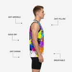 Custom colorful basketball jersey right side view showing full neon splash coverage on white base and black V-neck collar