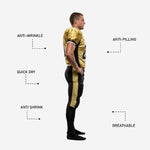 Detail view of complete american football uniform set showing gold jersey collar V-neck with black and white trim band and lace-fly waist closure on black pant