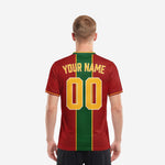Back view of a contrast panel red and white soccer jersey team kit in Dark Red, Forest Green, and Athletic Gold sublimation print