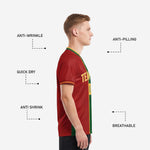 Close-up of the V-neck collar on a custom Dark Red soccer jersey with Athletic Gold sublimated trim detail