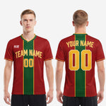 Close-up of the sleeve cuff on a men's soccer sublimation jersey showing Athletic Gold contrast trim on Dark Red fabric