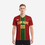 Front view of a contrast panel custom soccer jersey in Dark Red and Forest Green with Athletic Gold trim, worn by a male model