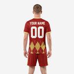 Close detail of crimson and gold argyle soccer jersey with white diamond line stitching
