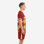 Custom sublimated crimson gold argyle soccer kit side view showing full pattern wrap