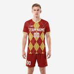 Crimson and gold argyle soccer uniform design with custom team name and number, front view