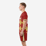 Men's soccer uniform in crimson and athletic gold argyle pattern, right side view