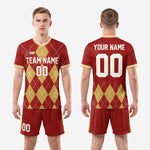 Sublimated crimson and gold soccer uniform set showing jersey and shorts from K2 Sportswear