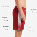 Crimson and white soccer shorts hem detail, straight cut match length, side stripe visible on adult model