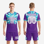 Full crystal soccer kit set showing matching purple jersey and shorts with teal sublimated design