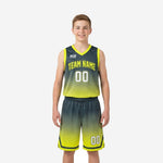 Custom 12U basketball uniforms in charcoal and neon yellow-green gradient hex pattern - front view of full jersey and shorts set