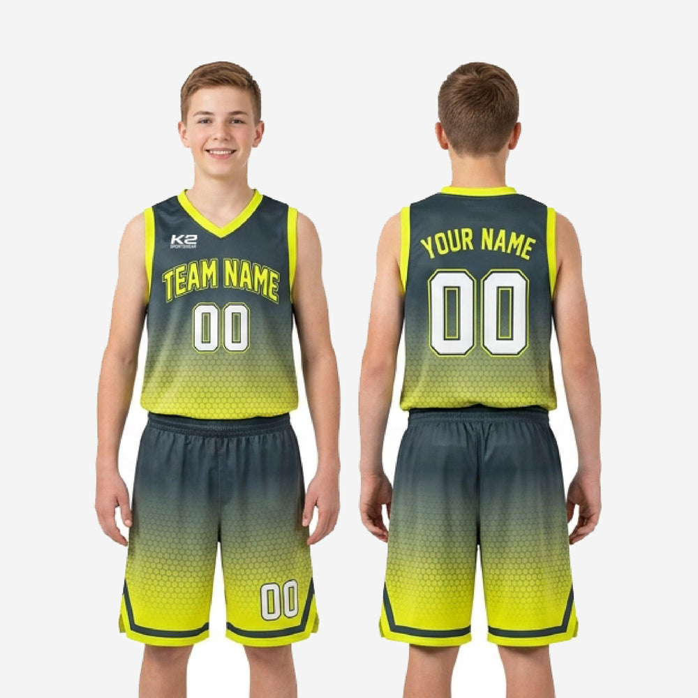 Custom 12U Basketball Uniforms - Charcoal and Neon Game Day Set