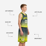 Shorts detail of custom 12U basketball uniforms showing elastic waistband, leg number, and chevron hem accent in neon yellow-green