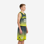 Side view of custom 12U basketball uniforms showing charcoal-to-neon gradient jersey with V-neck binding and matching shorts