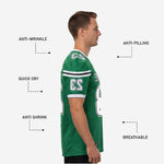 Back view of custom green and white American football jersey with back number and nameplate area for player name