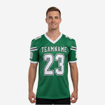 Custom 7 on 7 football jerseys in kelly green with white V-neck collar, team name arc across chest, and large front number 23