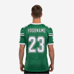 Left side view of sublimated green football jersey showing shoulder panel and side body construction